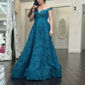 Tarik Ediz Teal Off-Shoulder Lace Dress pageant
